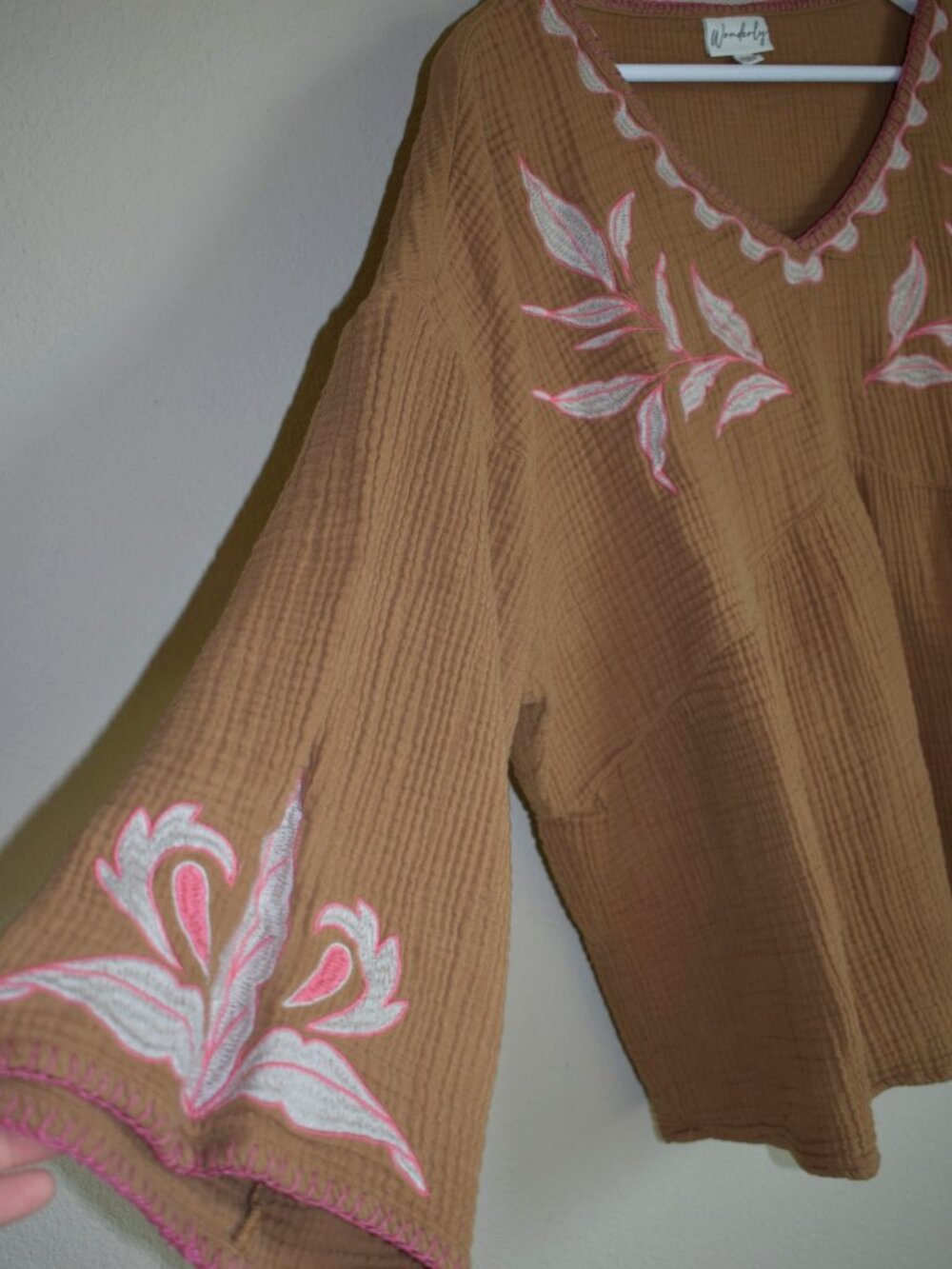 Wonderly Tan Cotton Gauze Pink Embroidered Peasant Top XXL